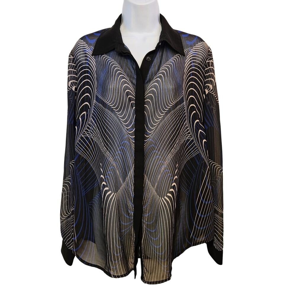 Cameo Sheer Long Sleeve Blouse Size S Button Front Professional Geometric
